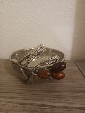Mud Pie Silver Decorative Bowl with Olive  Accent Hammered Design